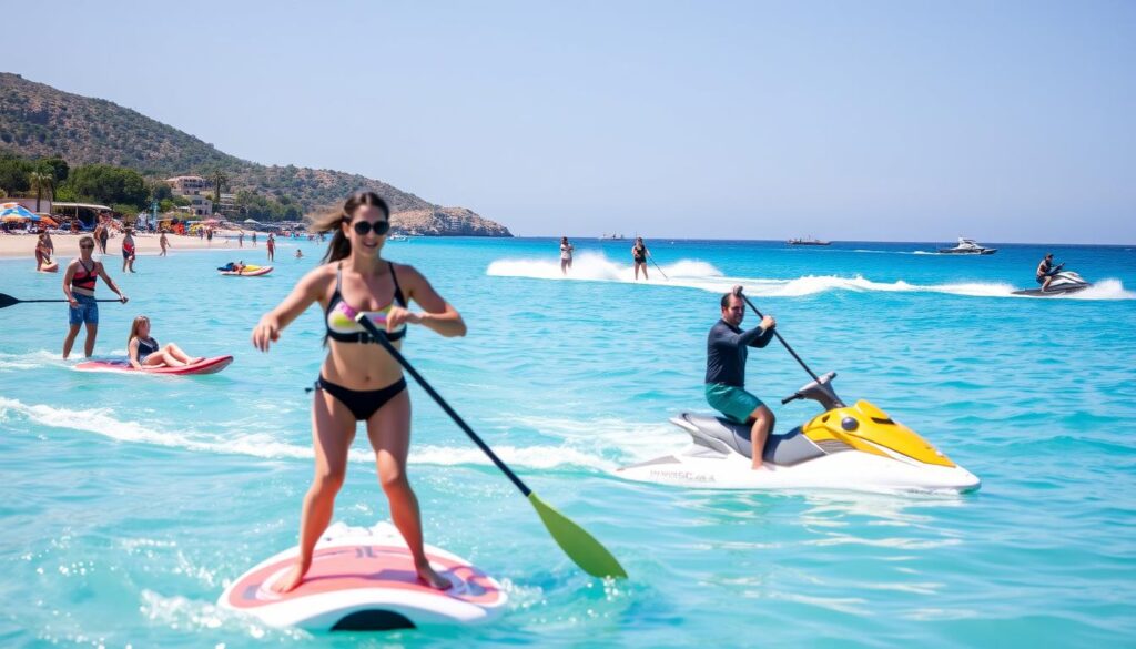Wassersportaktivitäten an einem Strand auf Mallorca im Sommer mit Jetskis und Paddleboards