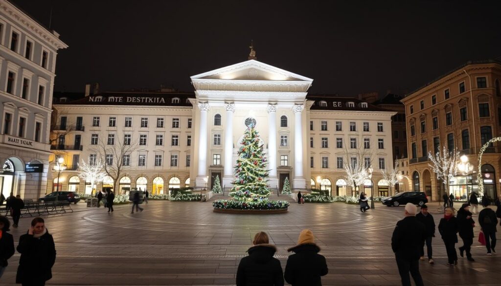 Weihnachtlich beleuchteter Aristoteles-Platz in Thessaloniki im Winter