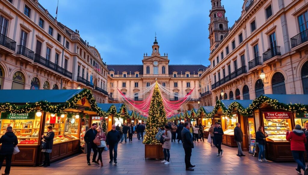 Weihnachtsmarkt auf dem Plaça Major in Palma de Mallorca mit festlicher Beleuchtung