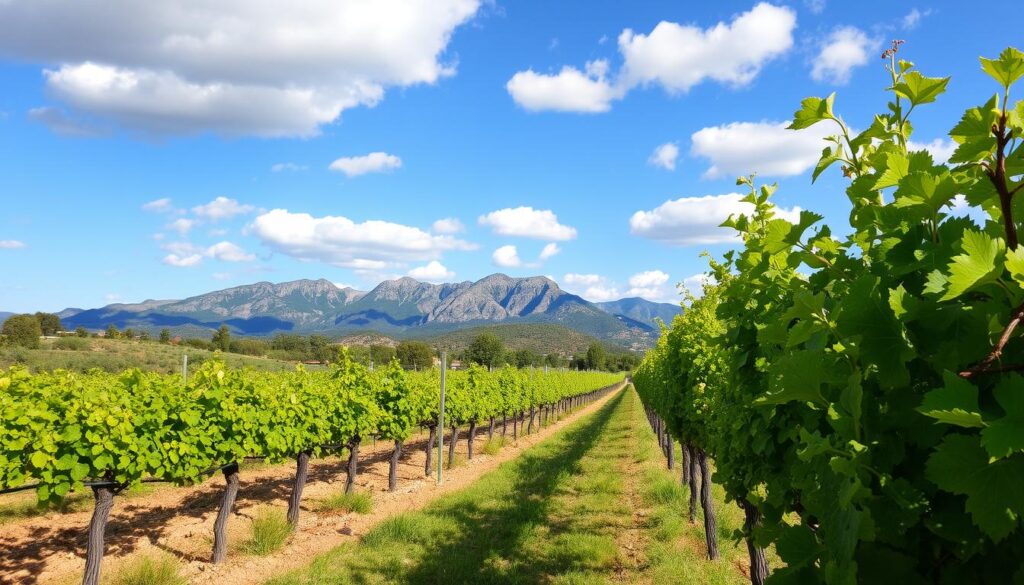 Weinberg auf Mallorca im Frühling mit frischen grünen Reben und Bergen im Hintergrund