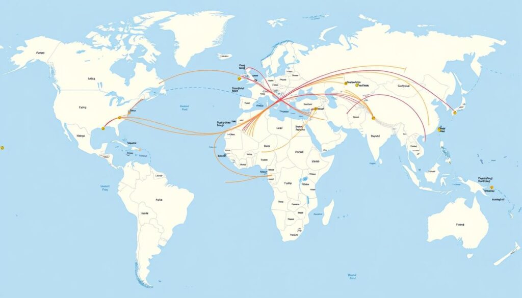 Weltkarte mit eingezeichneten Frachtschiffreise-Routen über alle Ozeane