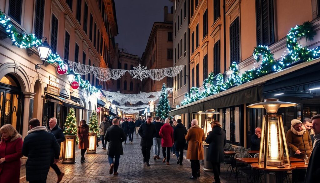 Winterliche Straßenszene in Rom mit festlicher Beleuchtung und Menschen in warmer Kleidung