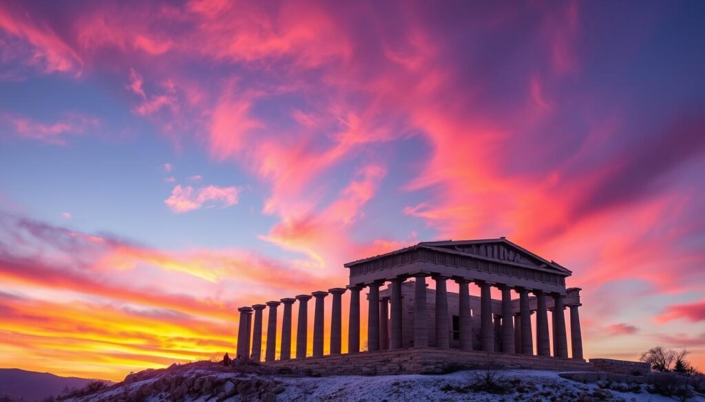 Winterlicher Sonnenuntergang über der Akropolis in Athen mit dramatischem Himmel