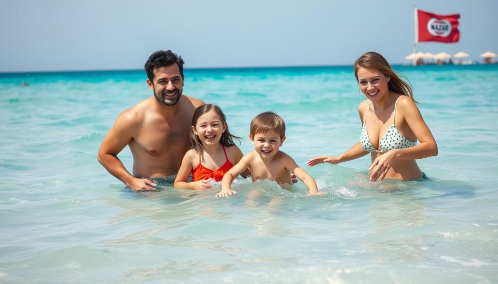 Zufriedene Familie am Strand während eines Nazar Türkei-Urlaubs