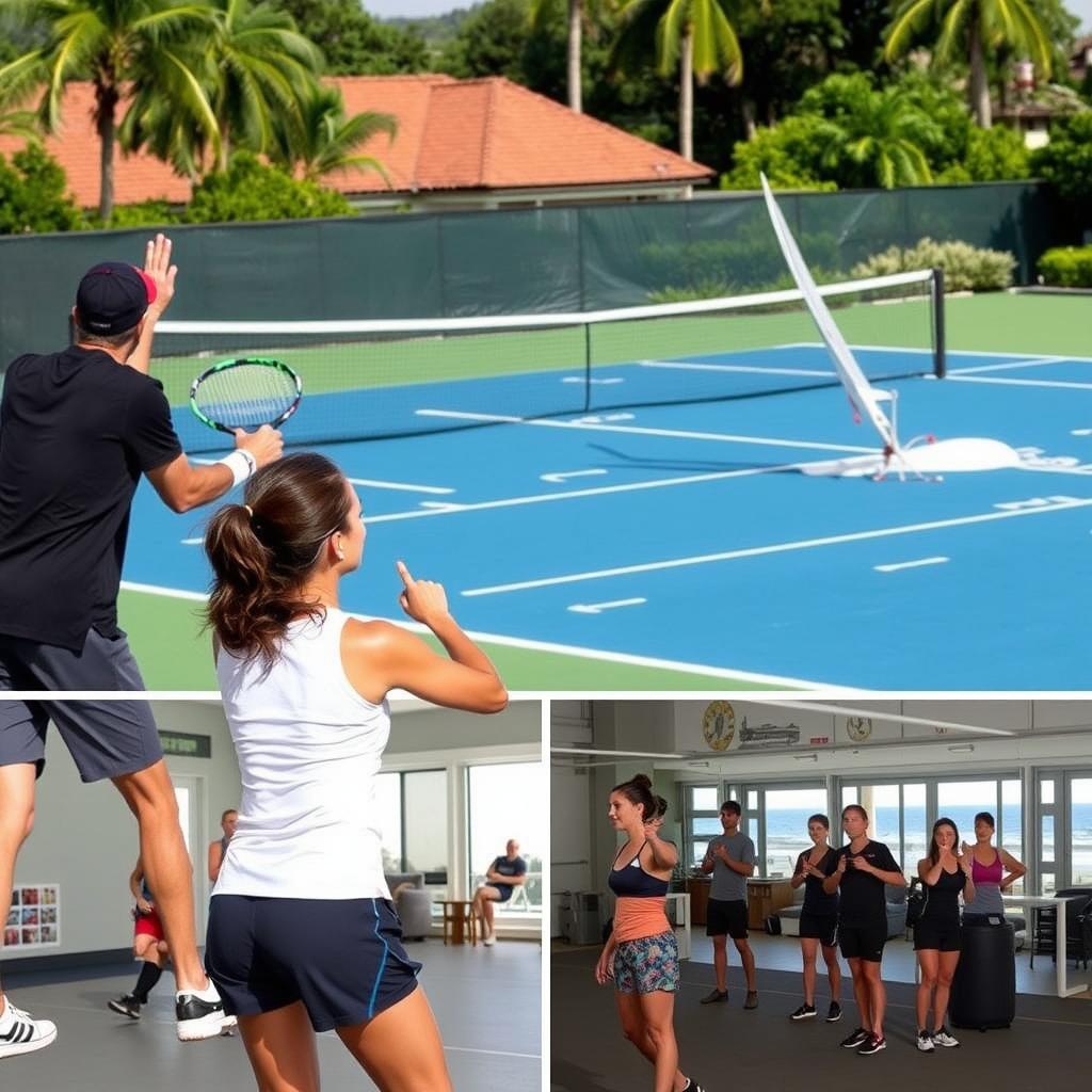Aktive Urlauber beim Sport im Cluburlaub mit Tennis und Wassersport