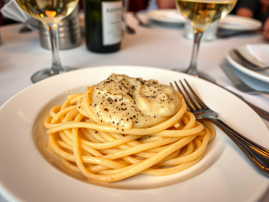 Authentische Pasta Carbonara in einem traditionellen römischen Restaurant während einer Städtereise Rom
