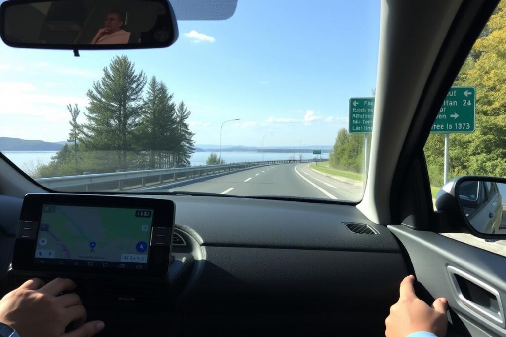 Auto auf der Straße entlang des Plattensees - Anreise zum Urlaub