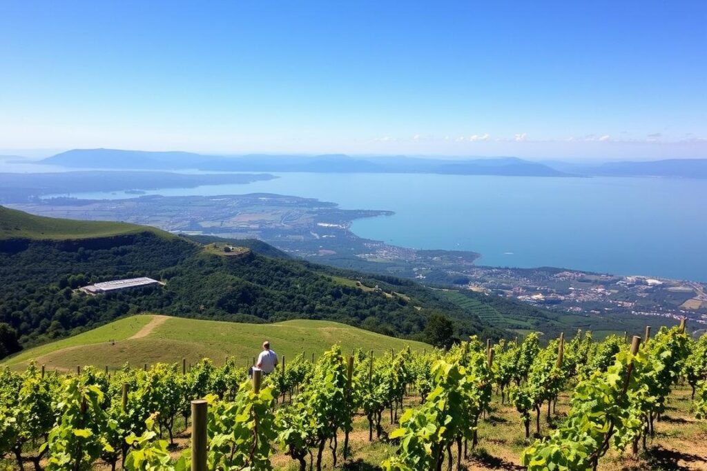 Badacsony Berg mit Weinbergen und Aussicht während eines Urlaub Plattensee