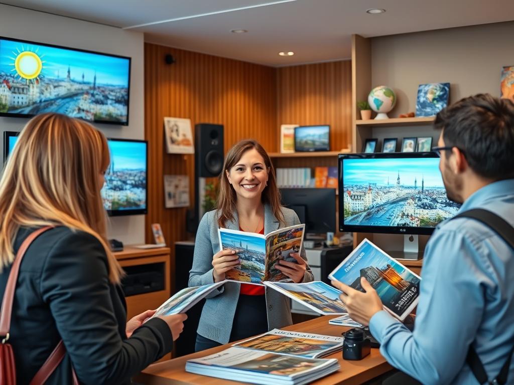 Beratungsgespräch in einem sonnenklar.TV Reisebüro zu Städtereisen in Deutschland