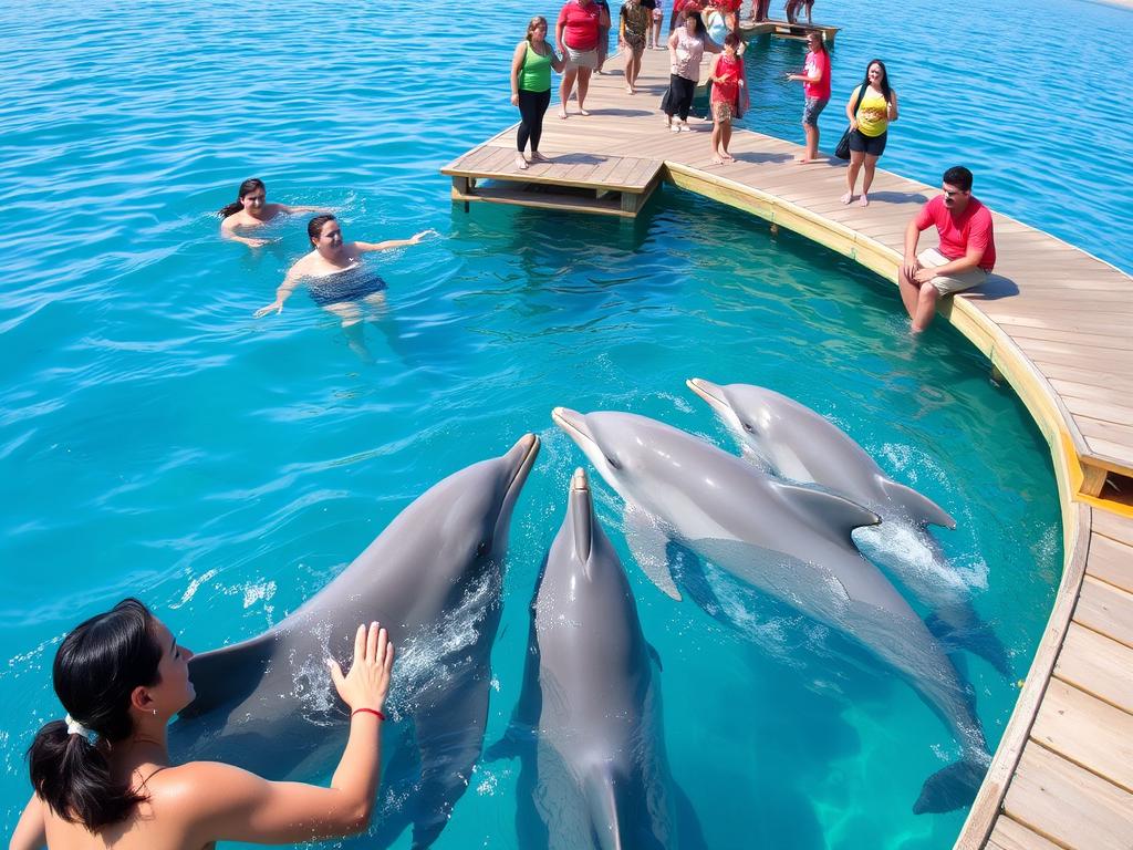 Besucher schwimmen mit Delfinen im Dolphin Reef während ihres Urlaub Eilat