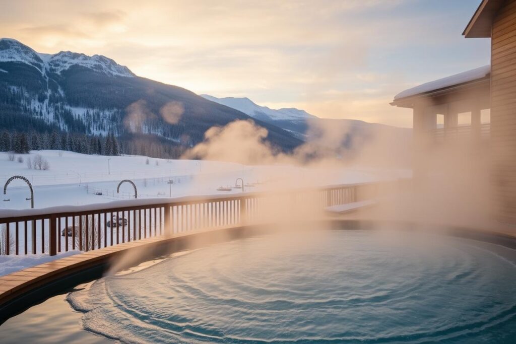 Blick auf ein luxuriöses Wellnesshotel in Zakopane mit Außenpool und Bergpanorama im Winter