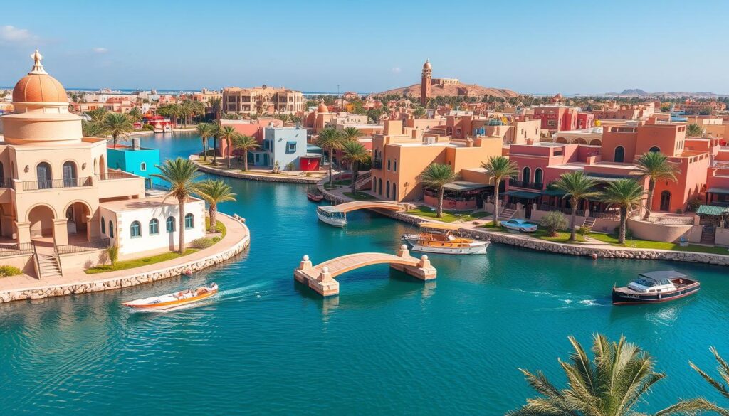 Bunte Häuser und Kanäle in El Gouna, Ägypten