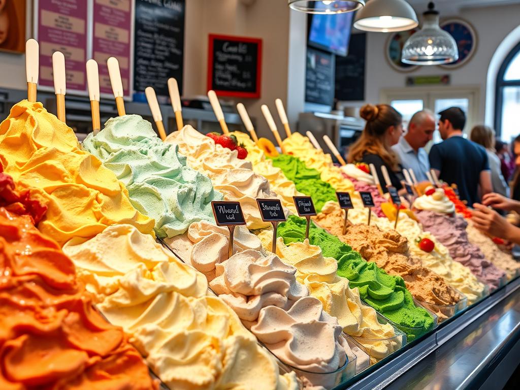 Buntes italienisches Gelato in einer traditionellen Gelateria während einer Städtereise Rom