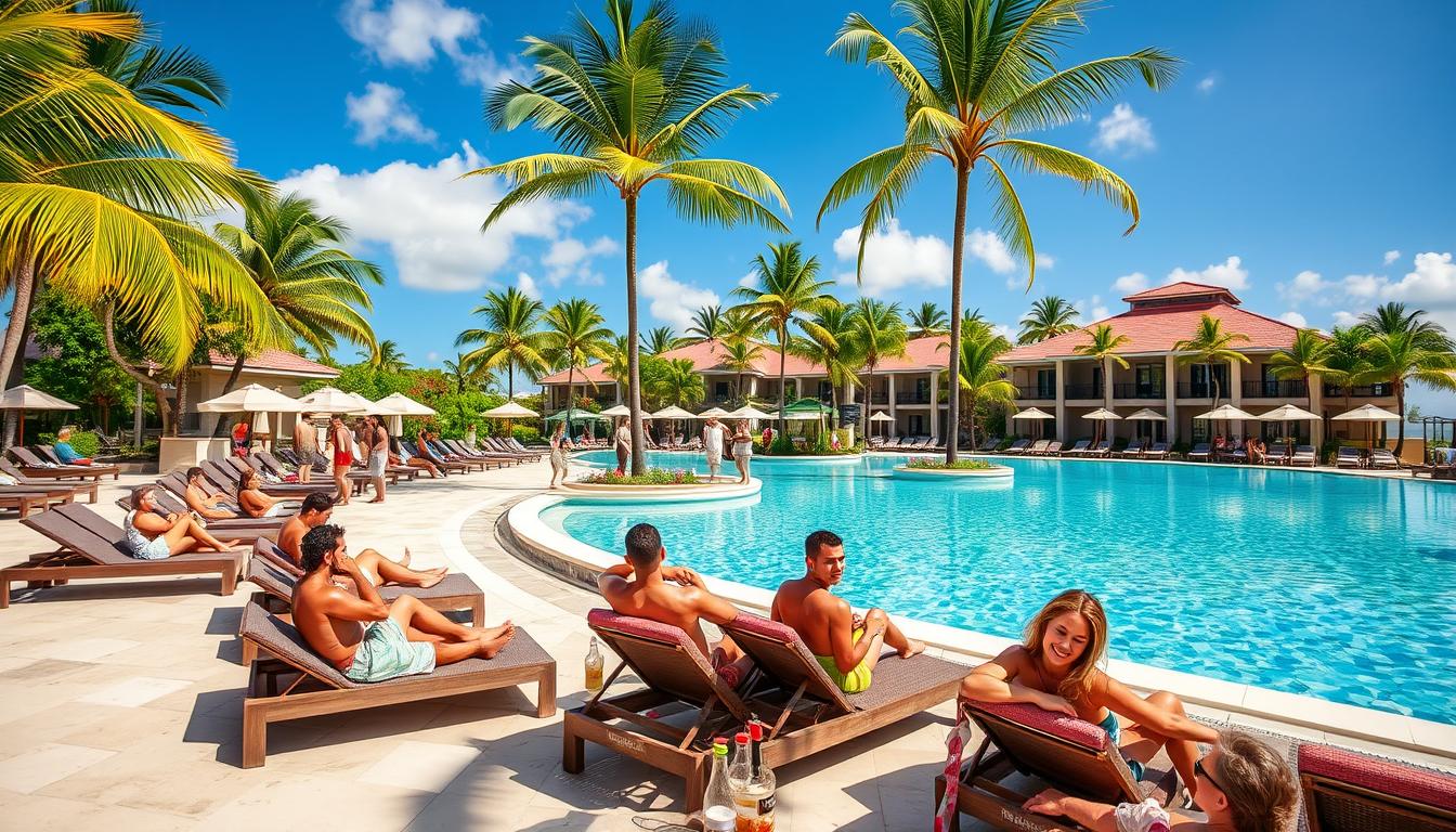 Clubreise Angebote finden - Urlauber entspannen am Pool eines Clubhotels mit Palmen im Hintergrund