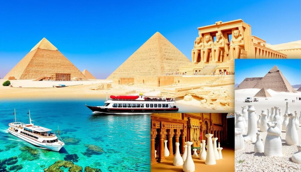 Collage aus verschiedenen ägyptischen Sehenswürdigkeiten und Landschaften