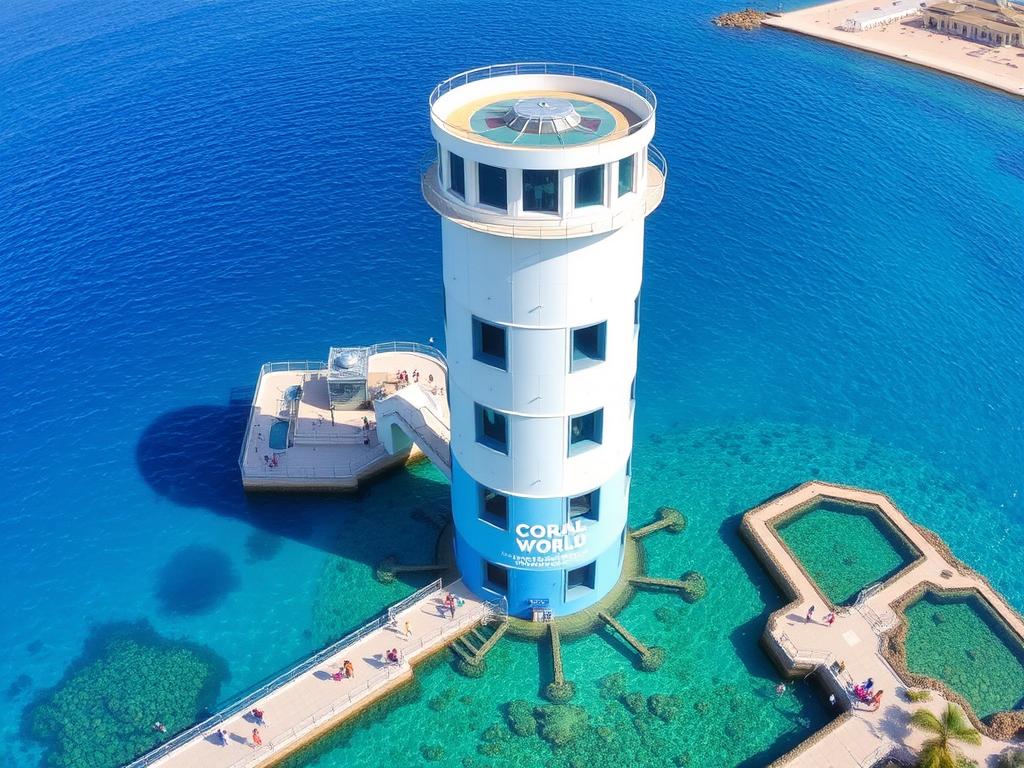 Das Coral World Underwater Observatory in Eilat mit seinem markanten Turm für Besucher während eines Urlaub Eilat