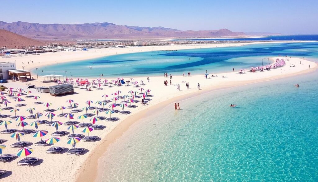 Der beliebte Coral Beach in Eilat mit seinen Sonnenschirmen und kristallklarem Wasser für einen perfekten Urlaub Eilat