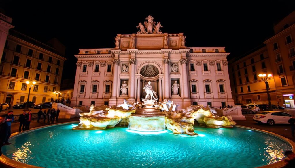 Der berühmte Trevi-Brunnen bei Nacht während einer Städtereise Rom