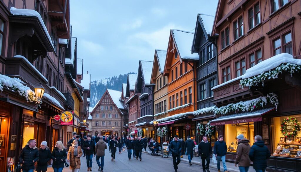 Die belebte Krupówki-Straße in Zakopane mit traditionellen Holzgebäuden und Geschäften im Winter
