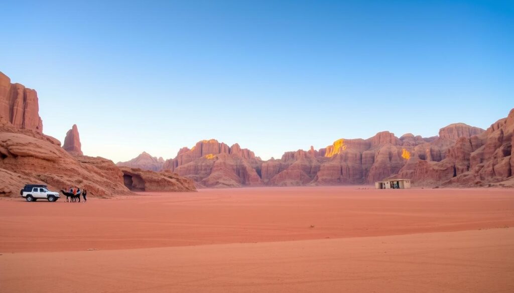 Die majestätische Wüstenlandschaft des Wadi Rum in Jordanien während eines Tagesausflugs von Eilat aus während eines Urlaub Eilat