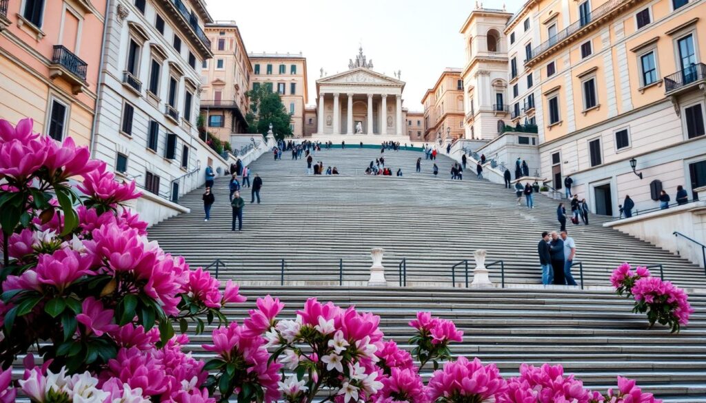 Die malerische Spanische Treppe mit blühenden Azaleen im Frühling während einer Städtereise Rom
