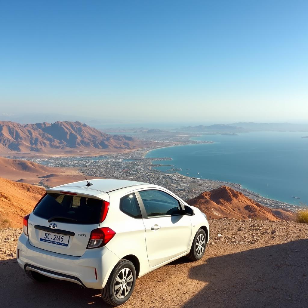 Ein Mietwagen parkt an einem Aussichtspunkt mit Blick auf Eilat während eines Urlaub Eilat