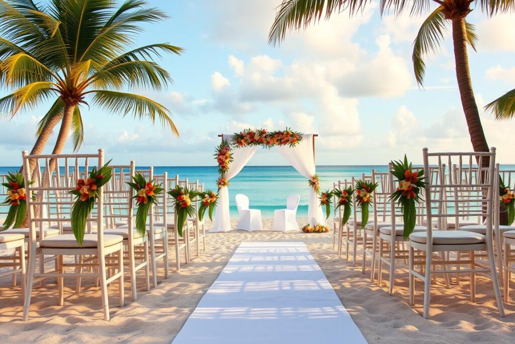 Elegante Strandhochzeit auf den Seychellen mit Blumendekoration