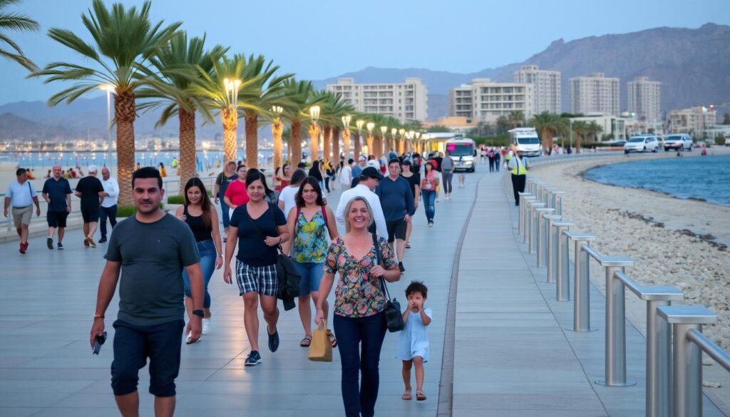 Entspannte Touristen genießen die sichere Atmosphäre an der Strandpromenade von Eilat während eines Urlaub Eilat
