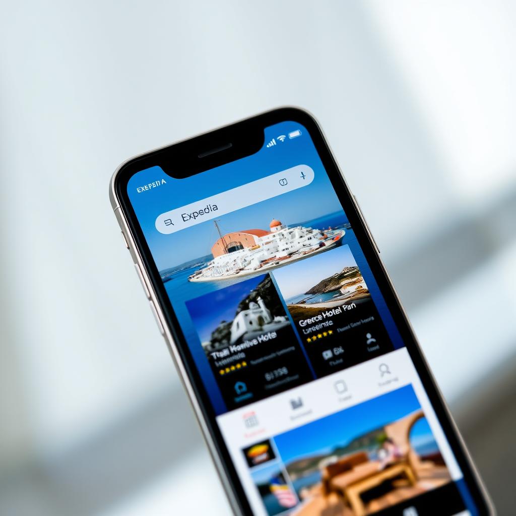 Expedia App auf Smartphone vor griechischer Kulisse