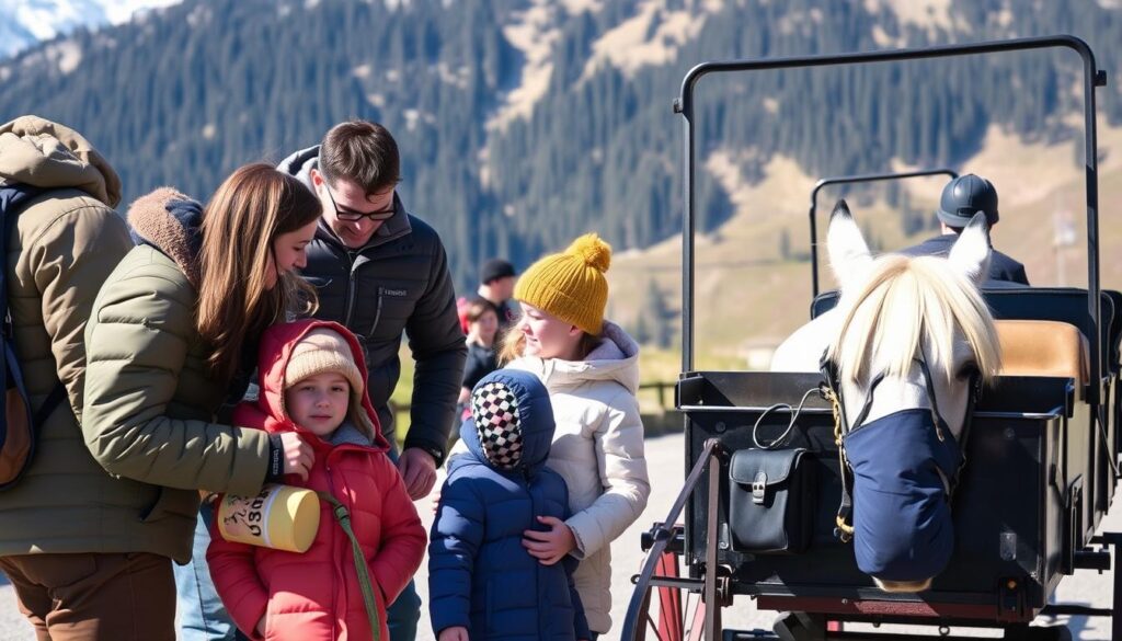 Familie bei einer Kutschfahrt im Kleinwalsertal mit praktischer Ausrüstung