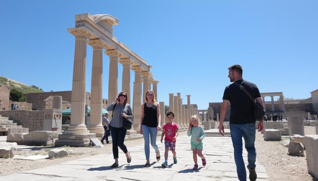 Familie beim Ausflug zu den antiken Ruinen von Side an der Türkischen Riviera