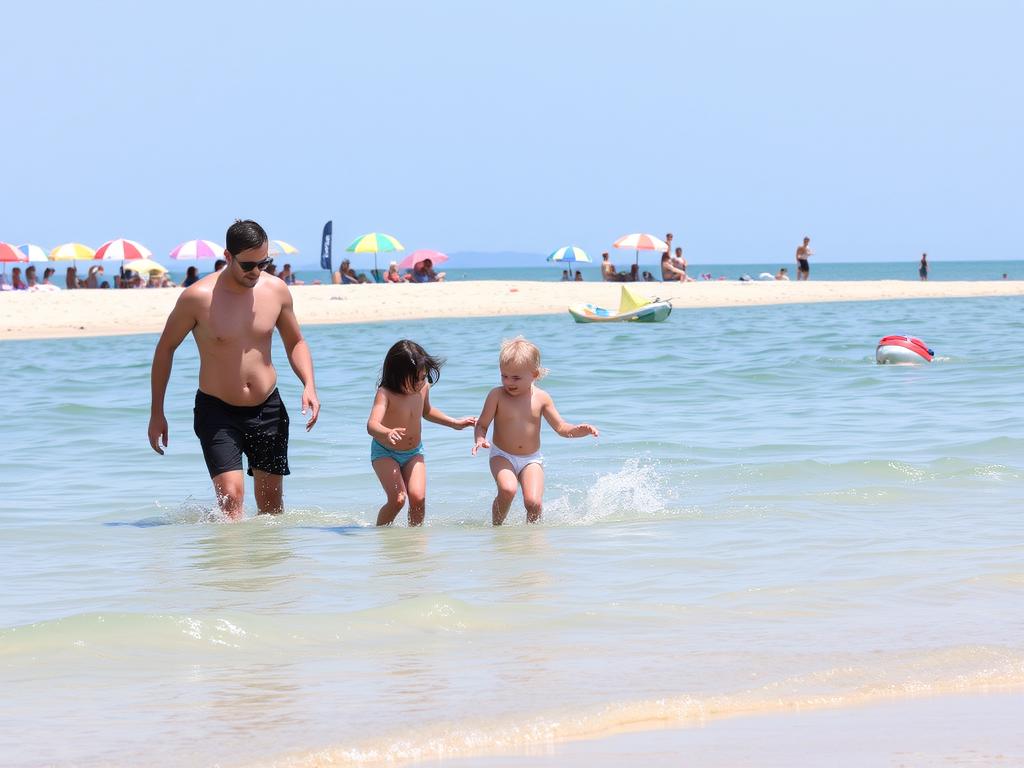 Familie beim Baden am flachen Südufer des Plattensees während eines Familienurlaubs