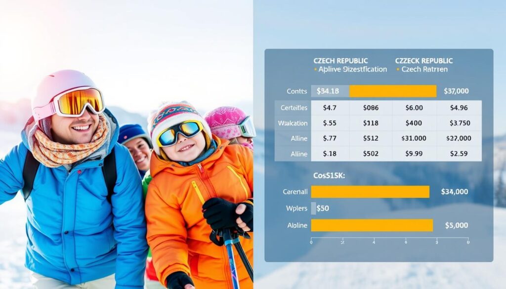 Familie beim Skifahren in Tschechien mit Preisvergleich zu alpinen Skigebieten - Winterurlaub Tschechien