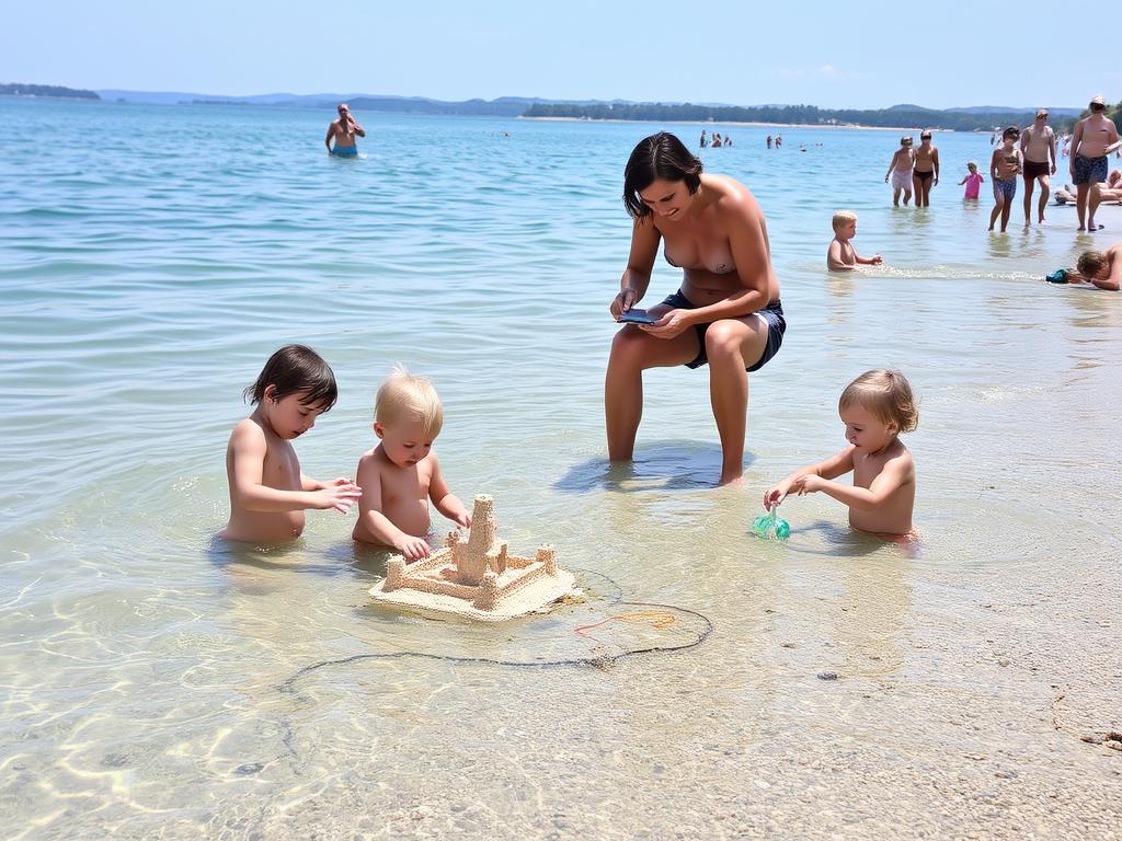 Familie mit Kindern am flachen Strand des Plattensees