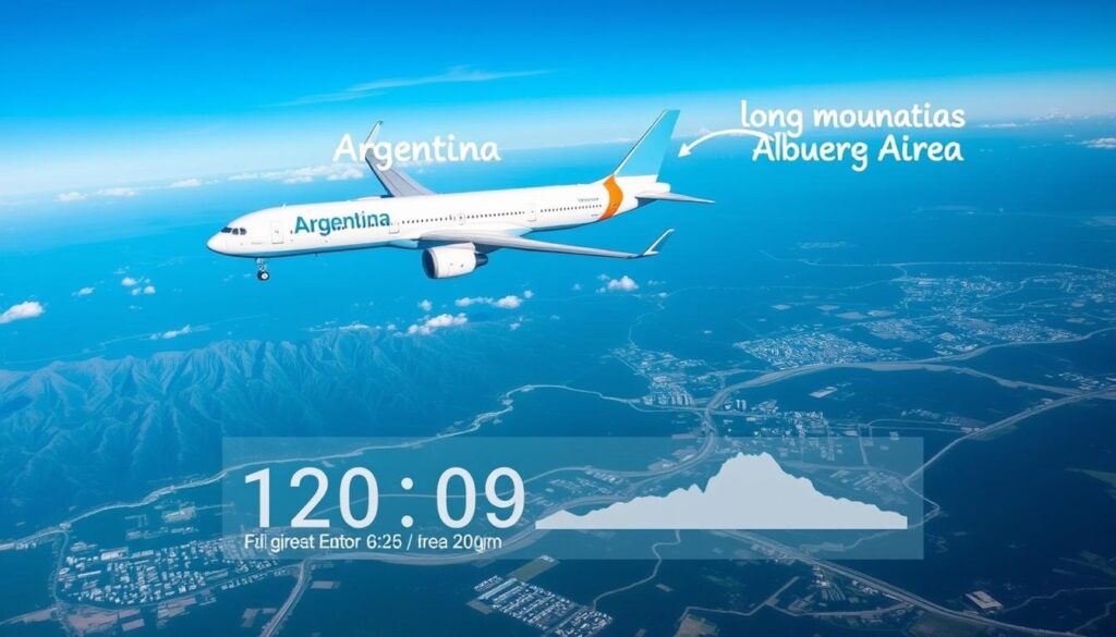 Flugzeug über Argentinien mit Anzeige der Reisezeit für Flugticket nach Argentinien Flugzeug über Argentinien mit Anzeige der Reisezeit für Flugticket nach Argentinien