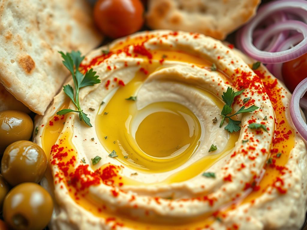 Frisch zubereiteter Hummus mit Olivenöl und Pita-Brot in einem Restaurant in Eilat während eines Urlaub Eilat