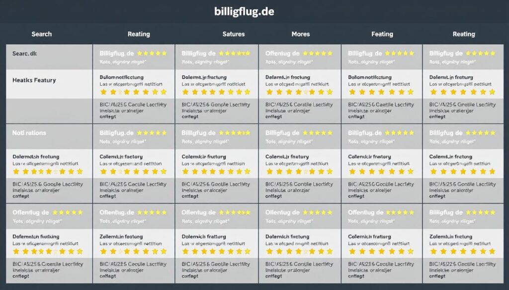 Funktionsübersicht der billigflug.de App mit Bewertungen
