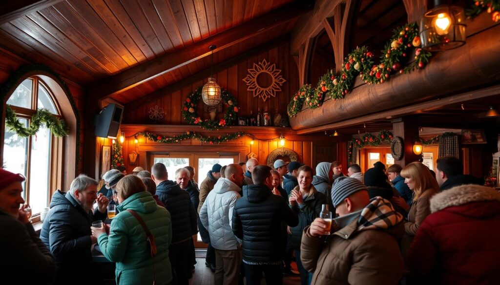 Gemütliche Après-Ski-Hütte in Österreich mit feiernden Gästen