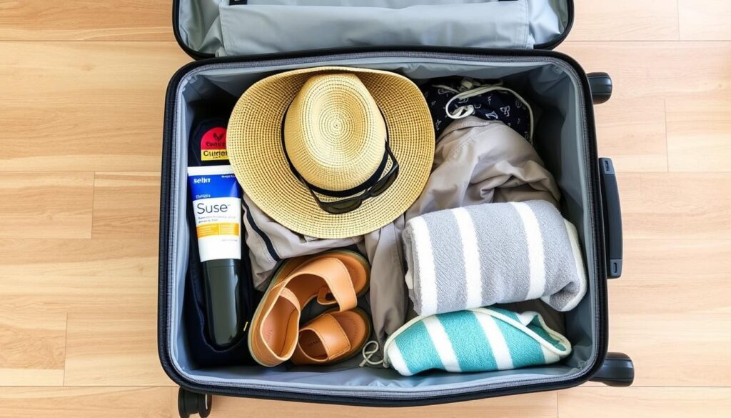 Gepackter Koffer für Sylt Last Minute Reisen mit Strandutensilien