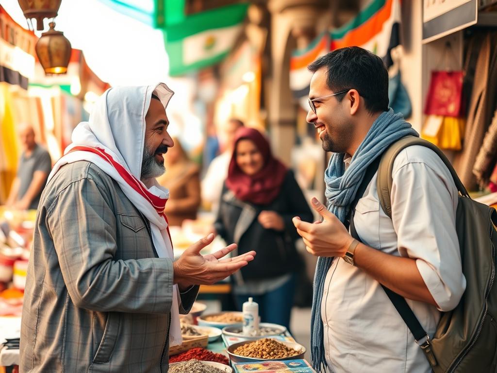 Gespräch zwischen Tourist und ägyptischem Händler auf einem Basar