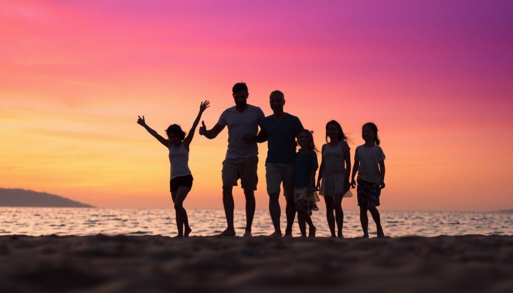 Glückliche Familie genießt den Sonnenuntergang am Strand der Türkischen Riviera