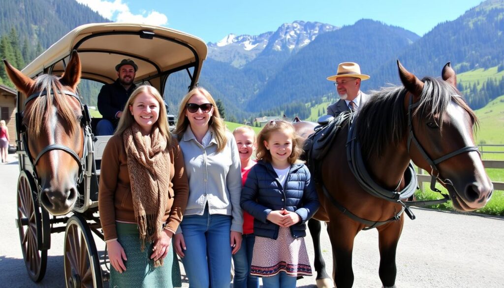 Glückliche Familie nach einer Kutschfahrt im Kleinwalsertal