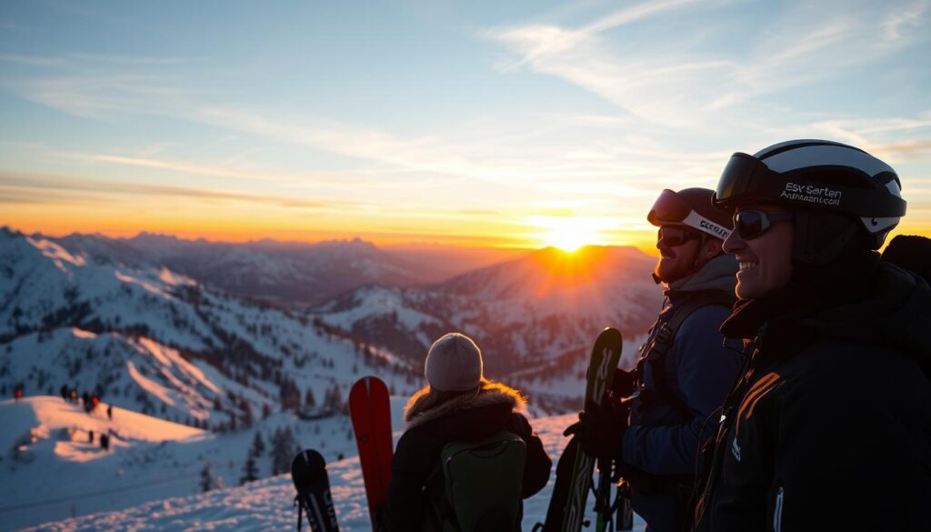 Glückliche Skifahrer genießen Sonnenuntergang in den österreichischen Alpen