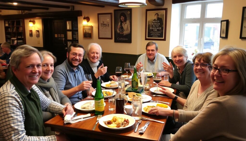 Glückliche Teilnehmer einer Sprachreise in Cornwall beim gemeinsamen Abendessen