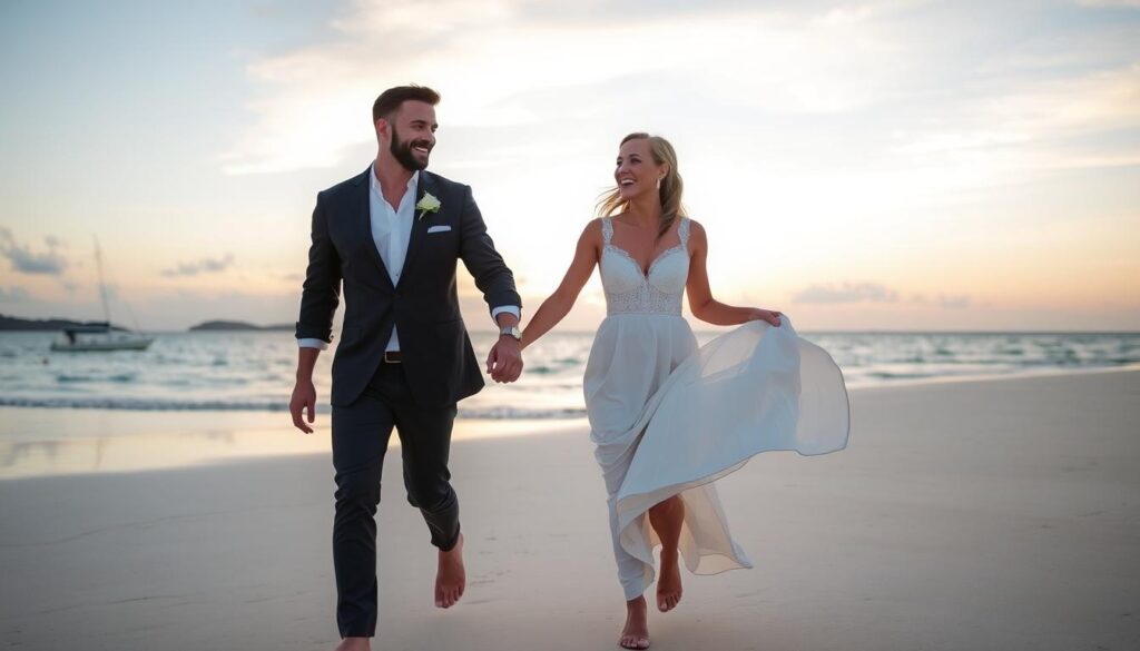 Glückliches Brautpaar nach ihrer Hochzeit Seychellen feiern