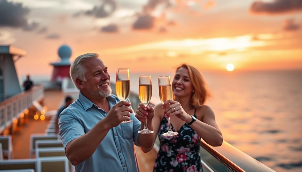 Glückliches Paar auf Restplatzreisen Kreuzfahrten Deck