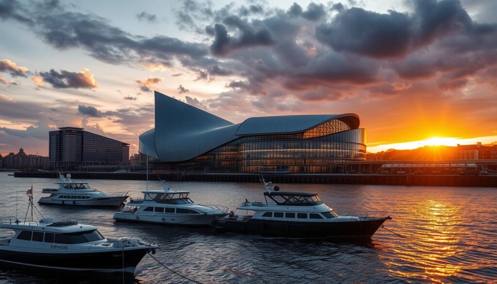Hamburger Hafen mit Elbphilharmonie bei Sonnenuntergang - sonnenklar Städtereisen