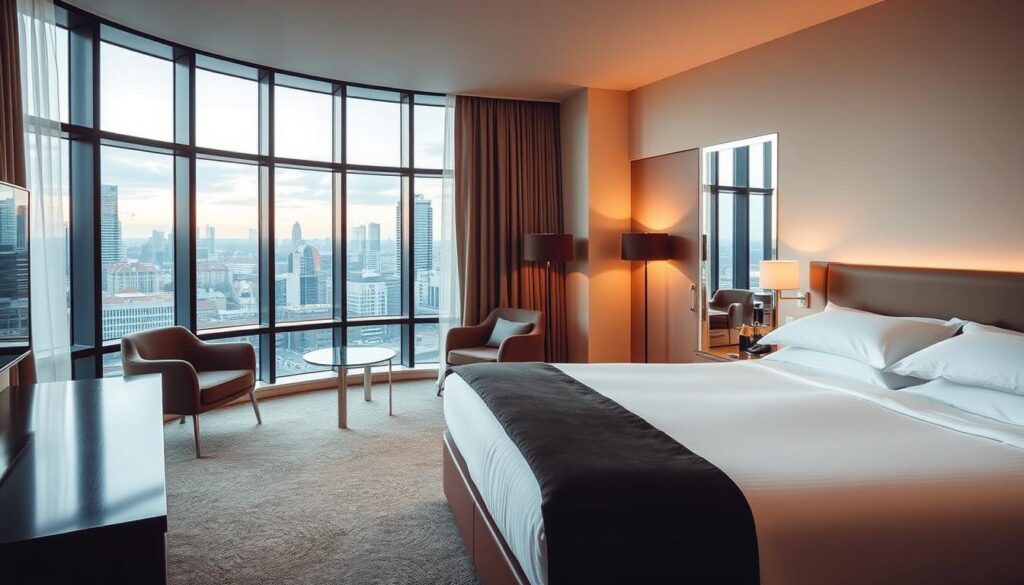 Hotelzimmer einer sonnenklar Städtereise mit Blick auf deutsche Stadtsilhouette