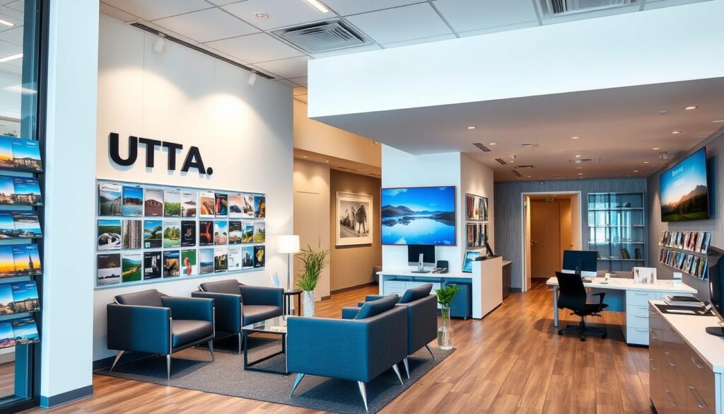 Innenansicht des UTTA Reisebüro Berlin mit Beratungsbereich und Reiseprospekten