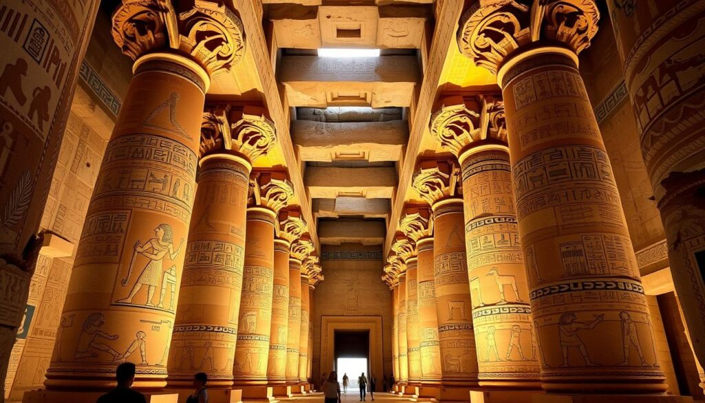 Innenraum eines ägyptischen Tempels mit farbigen Hieroglyphen und Säulen
